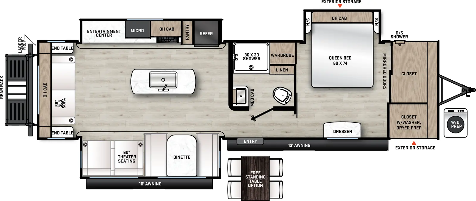 The 313RLTS has three slide outs and one entry door. Exterior features include a 10 foot and 13 foot awning, exterior storage, outside shower, and rear cargo carrier. Interior layout front to back: bedroom closet with washer/dryer prep, off-door side queen bed slide out, overhead cabinet and night stands on either side, wardrobe, and door side dresser; off-door side bathroom with linen closet and medicine cabinet; entry door; off-door side slideout with refrigerator, pantry, cooktop, overhead cabinets, microwave, and entertainment center; door side slideout with dinette and two lounge chairs; kitchen island with sink; rear sofa with overhead cabinets and end tables on either side. Optional free standing dinette available in place of standard dinette.